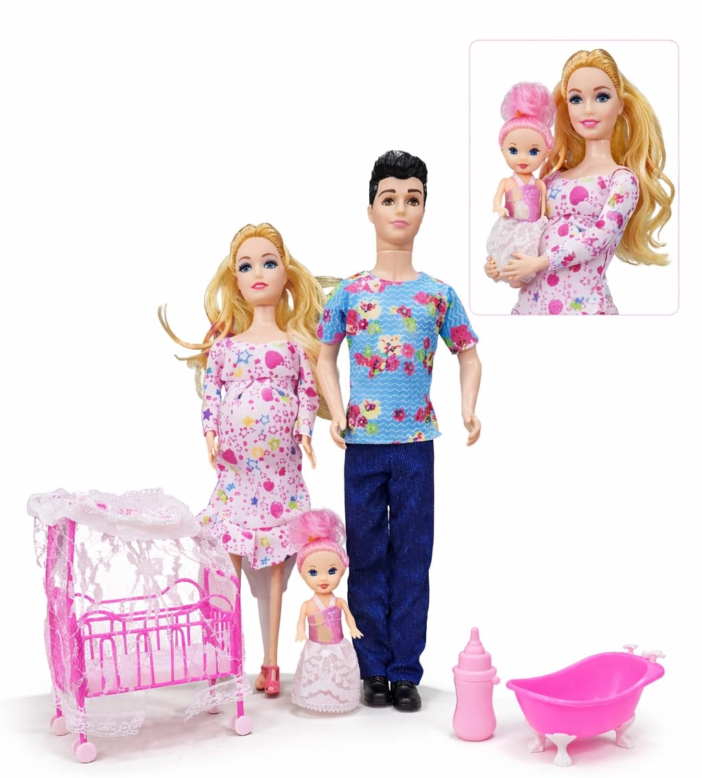 fradol Family Doll Set - Mother Father Baby Dolls Crib Bath Accessories Ages 3+