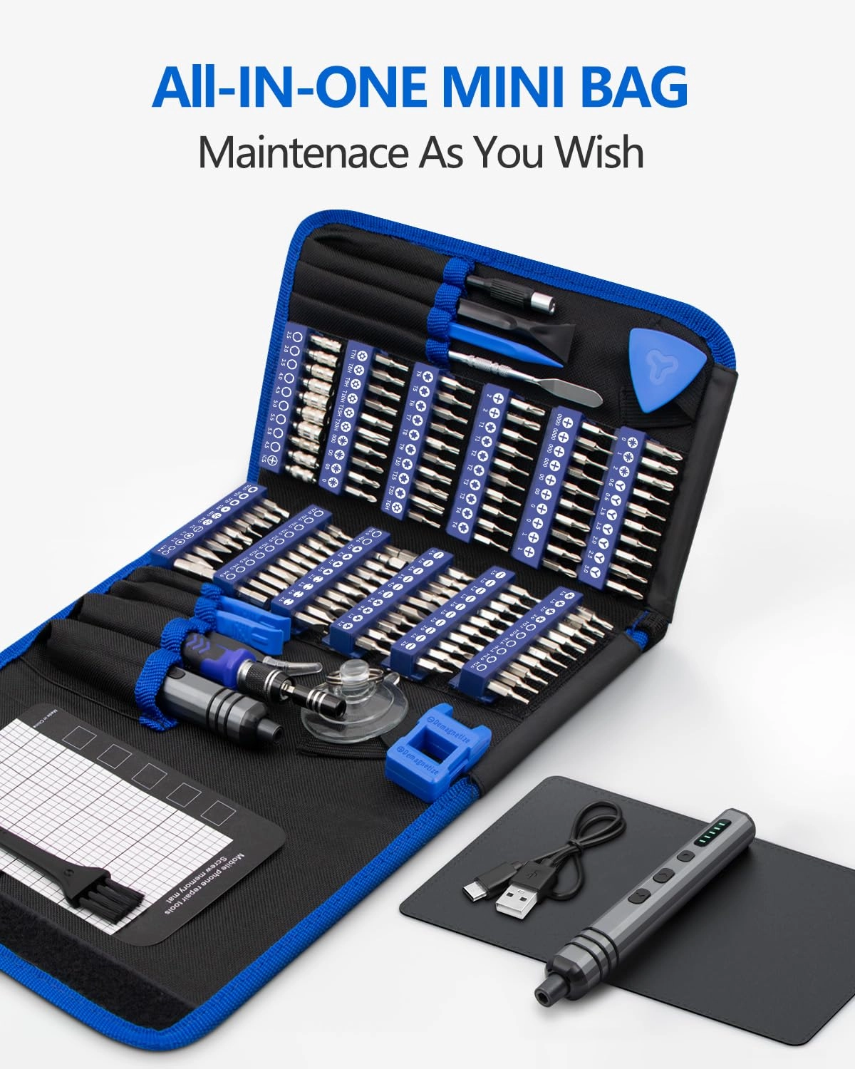 Mini Electric Screwdriver Set - 140-IN-1 120 Precision Bits 5 Torque Settings