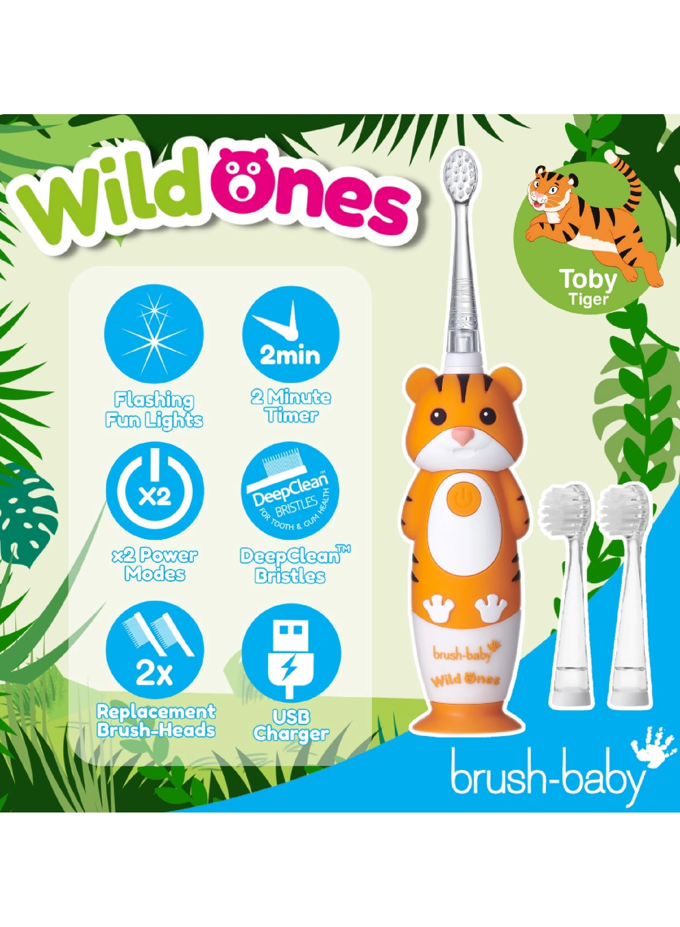 Kids Rechargeable Electric Toothbrush - Fun Tiger Design Dual Mode LED Light