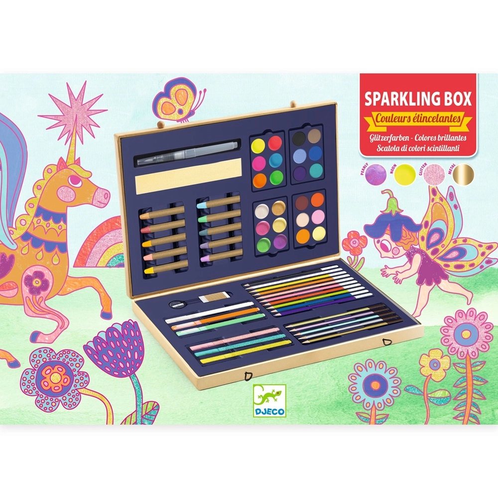 Sparkling Box Of Colours - 60 pieces watercolour crayons gouache paints glitter markers