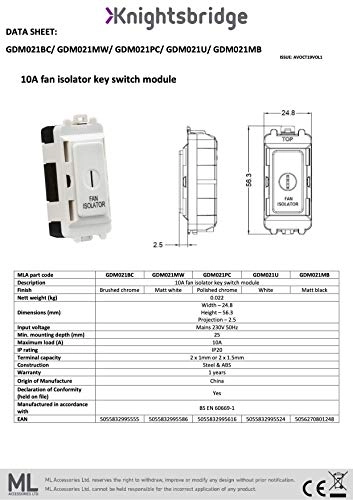 Fan Isolator Key Switch Module - 10A 1-Way Switch