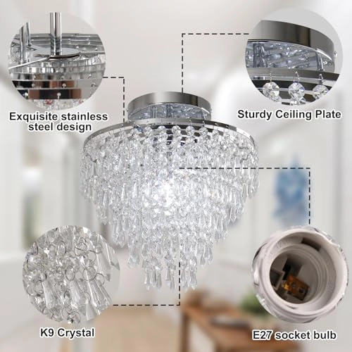 Mini Crystal Ceiling Light - 11.8 Inches 5 Levels Raindrops E26 Base