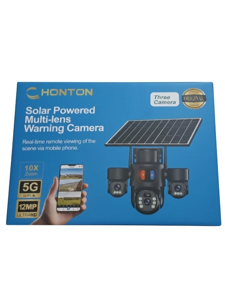 Solar Powered Multi-lens Warning Camera - 12MP 5G Wi-Fi 10X Zoom