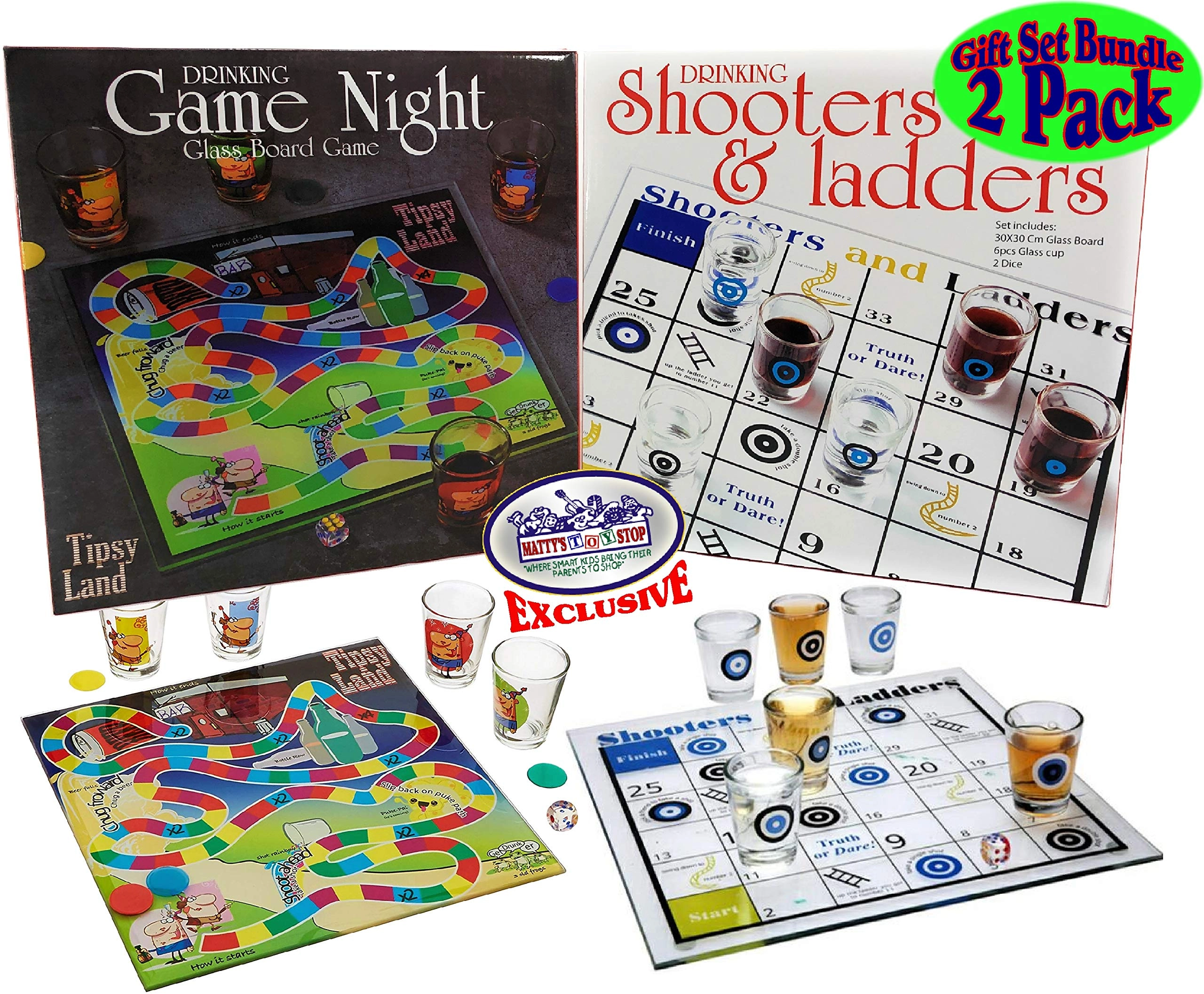 Matty's Toy Stop Tipsy Land - 12" x 12" glass board 4 shot glasses + Shooters & Ladders For Ages 18 and up