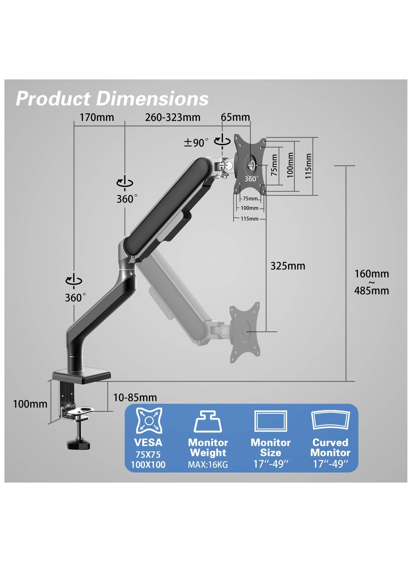 Single Monitor Arm - Single 17〜49inch 75*75mm 100*100mm