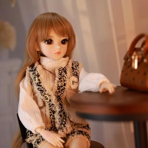 BJD Doll - Brown Curly Fringe Hair Beige Vest Set 22 Joints Ages 15+