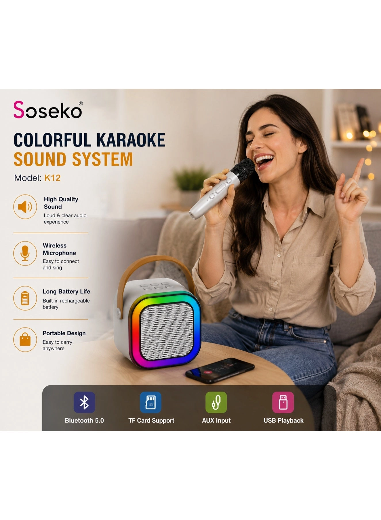 K12 - Wireless Karaoke Speaker with Microphone Bluetooth 5.0