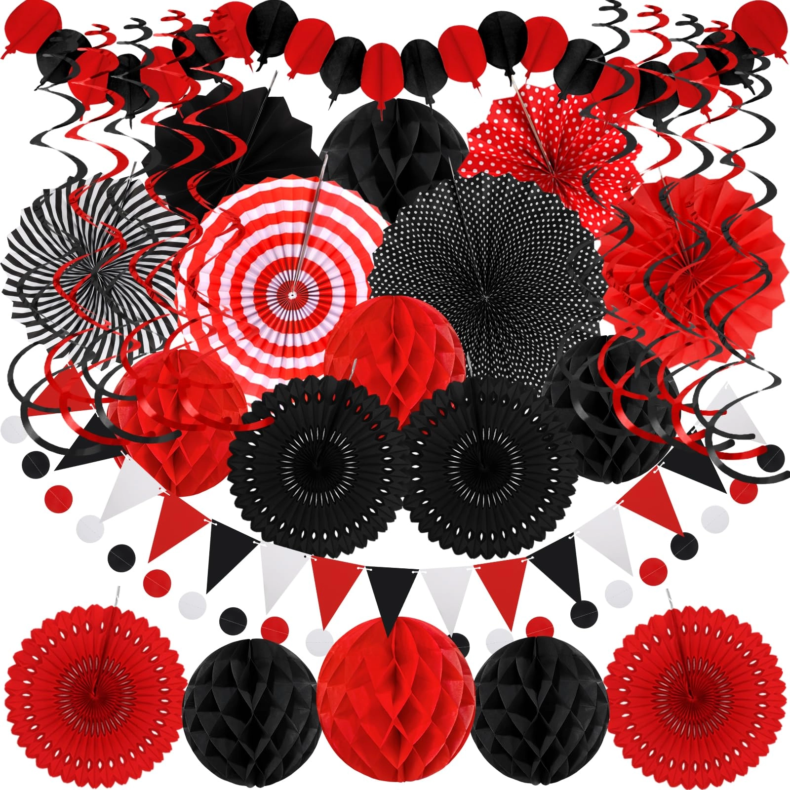 Paper Fan Honeycomb Ball Garland - 6 x Hanging Paper Fan 6 x Paper Honeycomb Ball 4 x Paper Hollow Fan 1 x Paper Balloon Garland 1 x Circle Paper Garland 10 x Hanging Swirl 1 x Triangular Pennant Anniversary