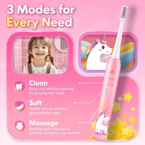 Kids Electric Toothbrush - Rechargeable 3 Modes Unicorn Pink