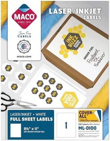 MACO Laser/Ink Jet Full Sheet Labels - 100 Per Box 8-1/2 x 11 Inches