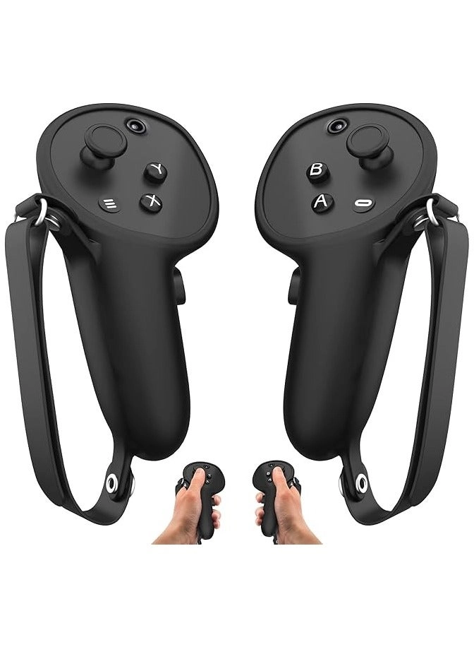 Controller Grips Cover Protector - Silicone Black + Knuckle Straps - Leather