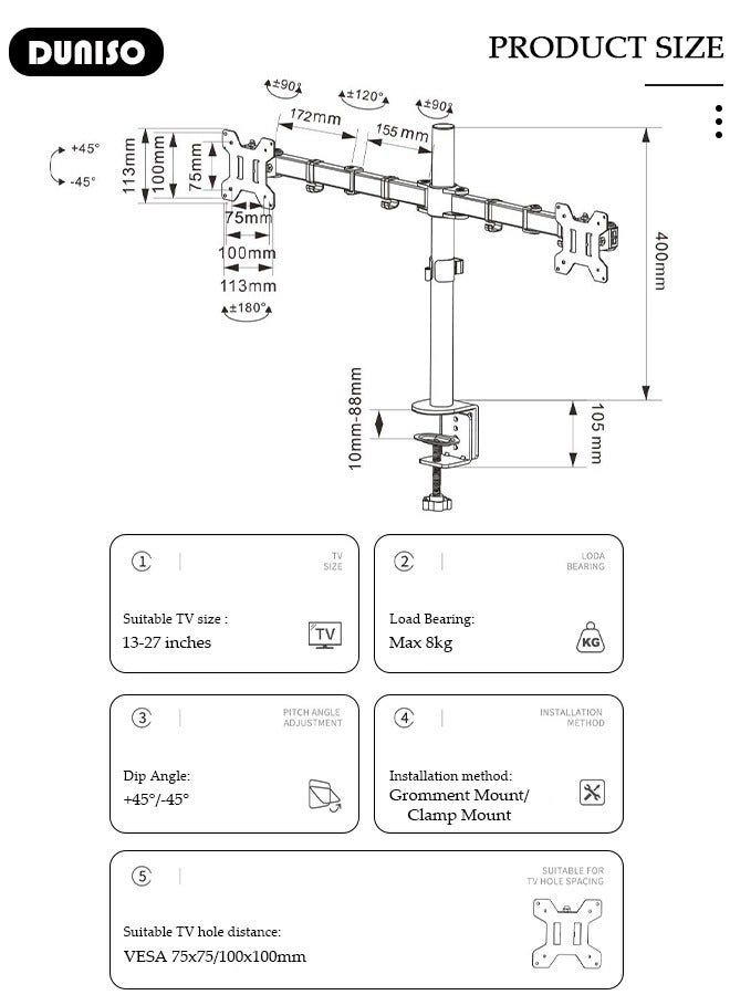 Dual Monitor Arm - 2 13-27 inch 75x75 mm 100x100 mm