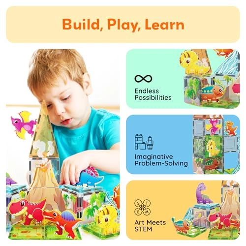 Magnet Tile Building Blocks - 8 Animal Character Action Figures Dinosaur World Themed 26 pcs