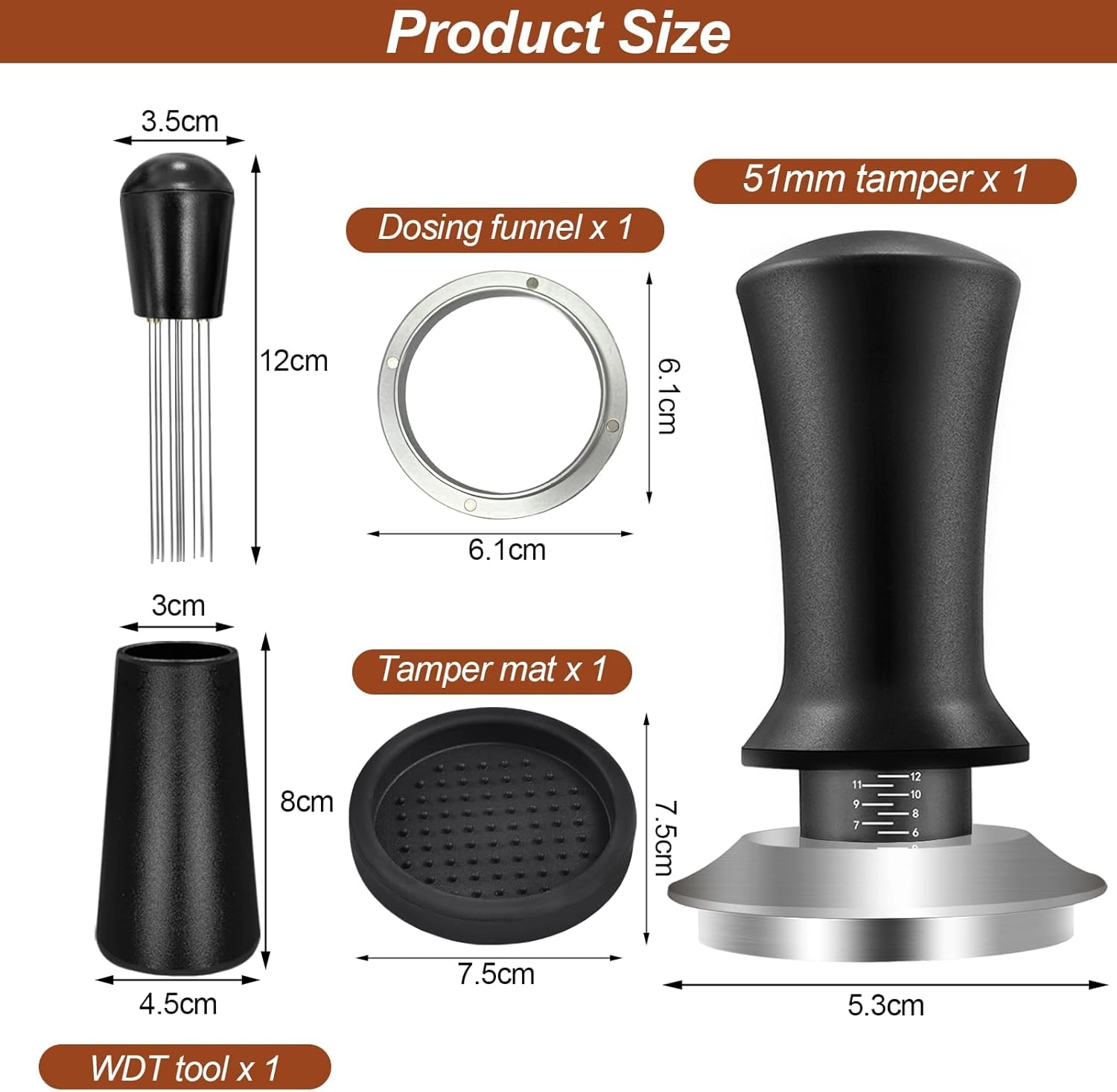 Espresso Tamper + WDT Tool + Espresso Dosing Funnel + Silicone Gel Tamper Mat + Espresso Accessories