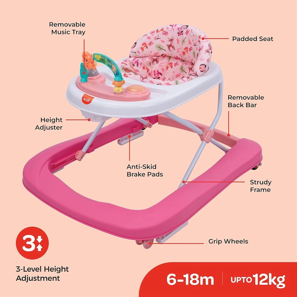 Stride Height Adjustable Walker - With Music