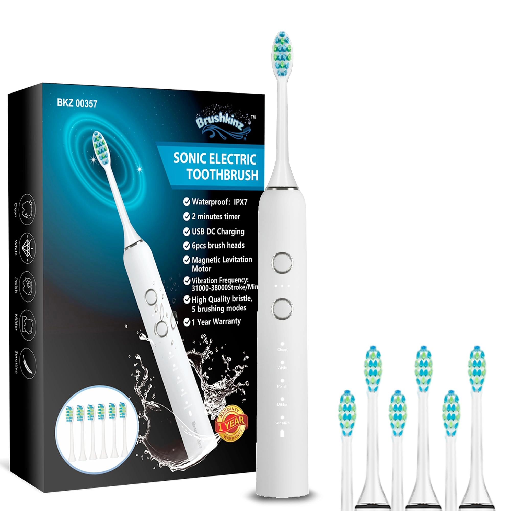 BRUSHKINZ BKZ02357 - Sonic Electric Toothbrush 5 Modes USB Rechargeable 60 Days