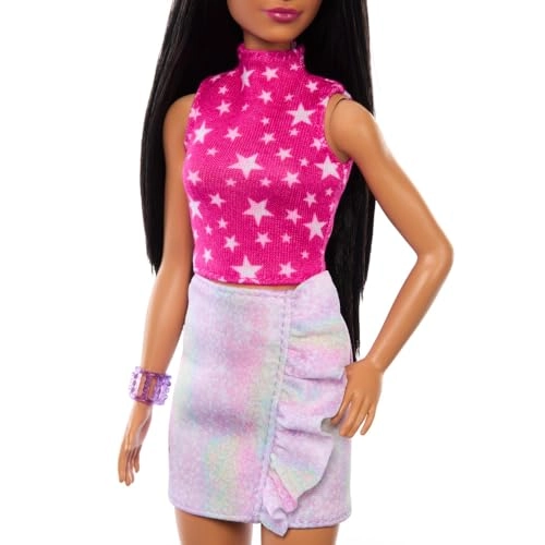Barbie Fashionistas - Black Straight Hair Pink Star-Print Top Iridescent Skirt Ages 3+