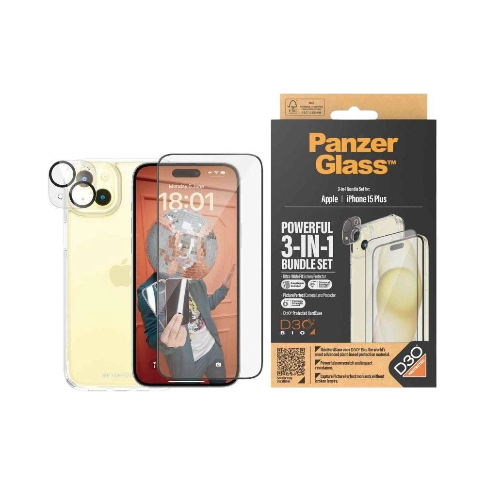 PanzerGlass ClearCase - iPhone 15 Plus 6.7" + UWF Screen Protector + Camera Lens Protector