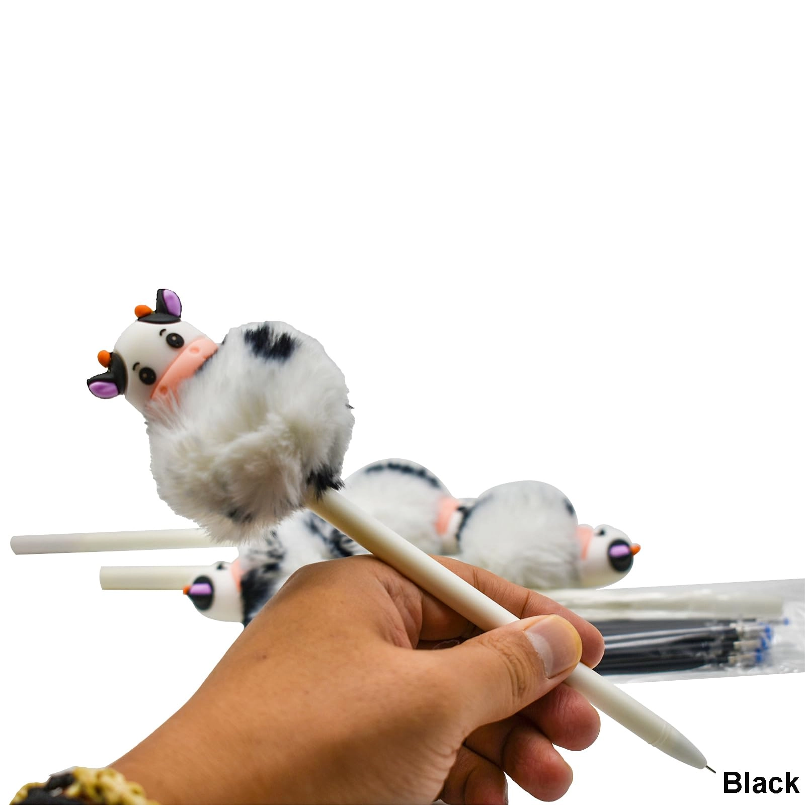 Plush Milk Cow Pom Pom Pen - 4 PCS 0.5 mm