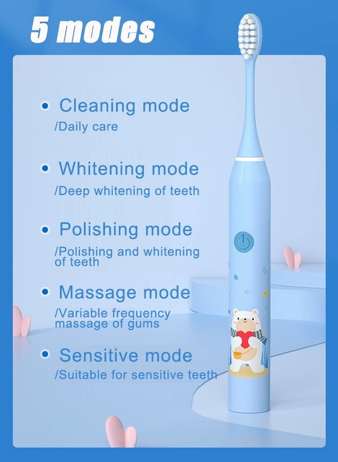 Kids Sonic Electric Toothbrush - USB-C Rechargeable 30s Reminder 4 Brush Heads