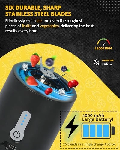 Portable Mini Blender - Cordless USB-C Rechargeable BPA-Free