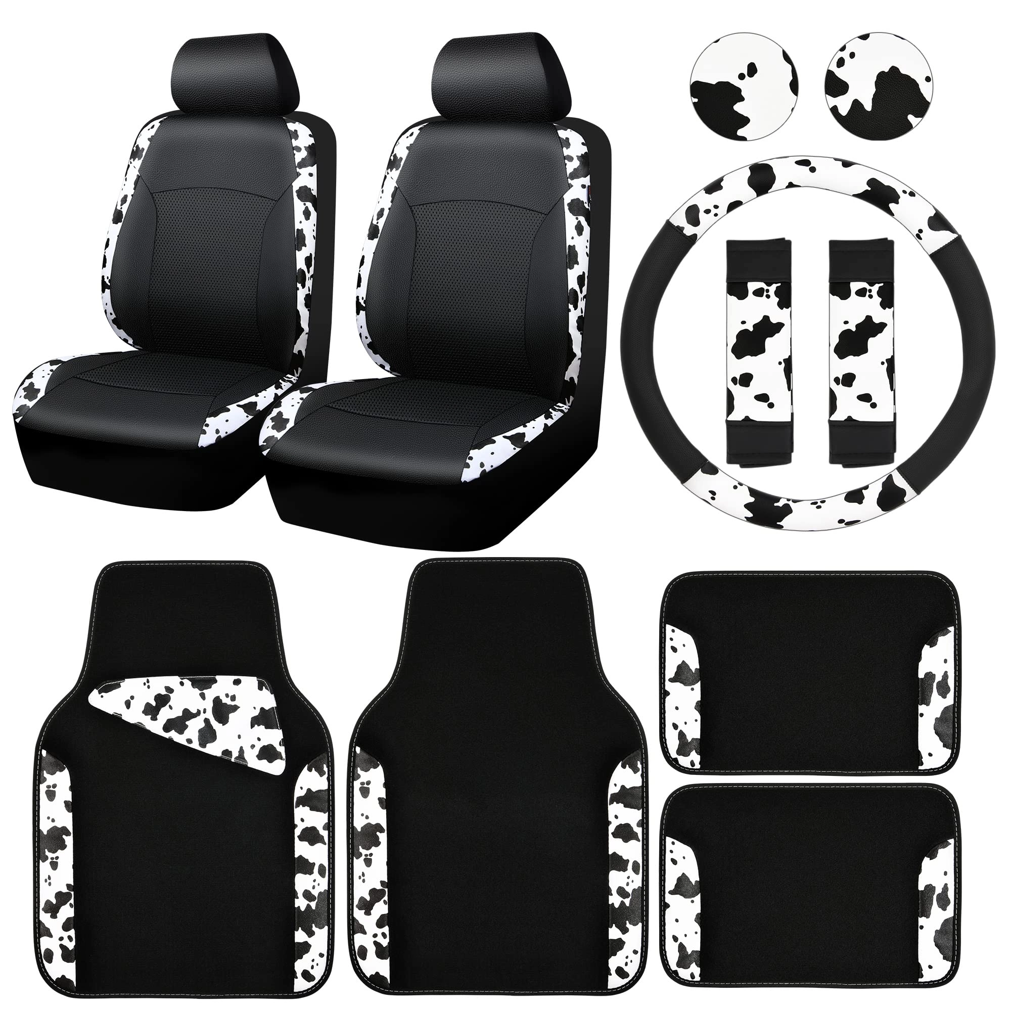 Car Seat Covers - Air Mesh Leather + Car Floor Mats - Waterproof + Steering Wheel Cover - Sporty