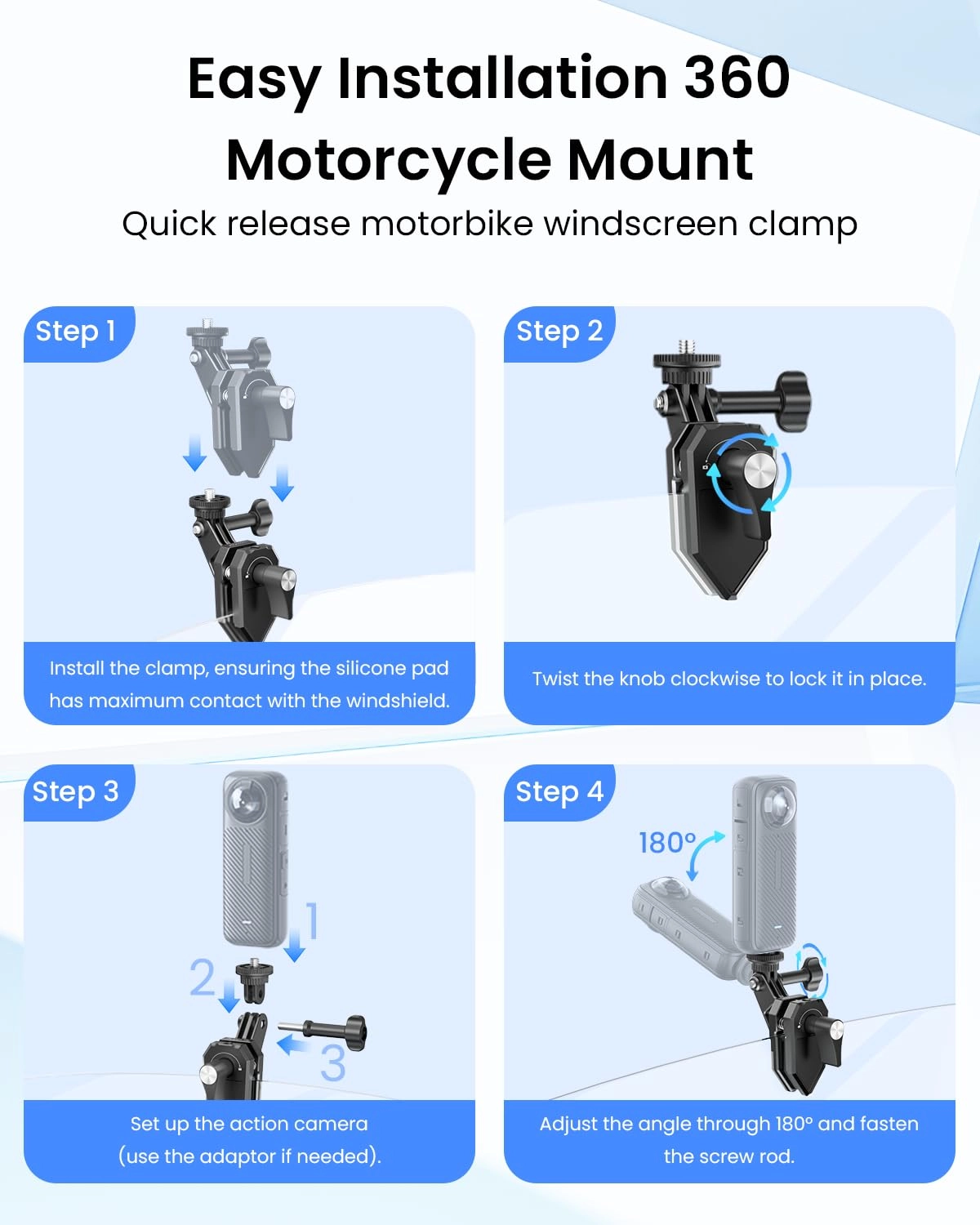Motorcycle Windshield Clip Camera Mount - Insta360 X5/X4/X3 GoPro