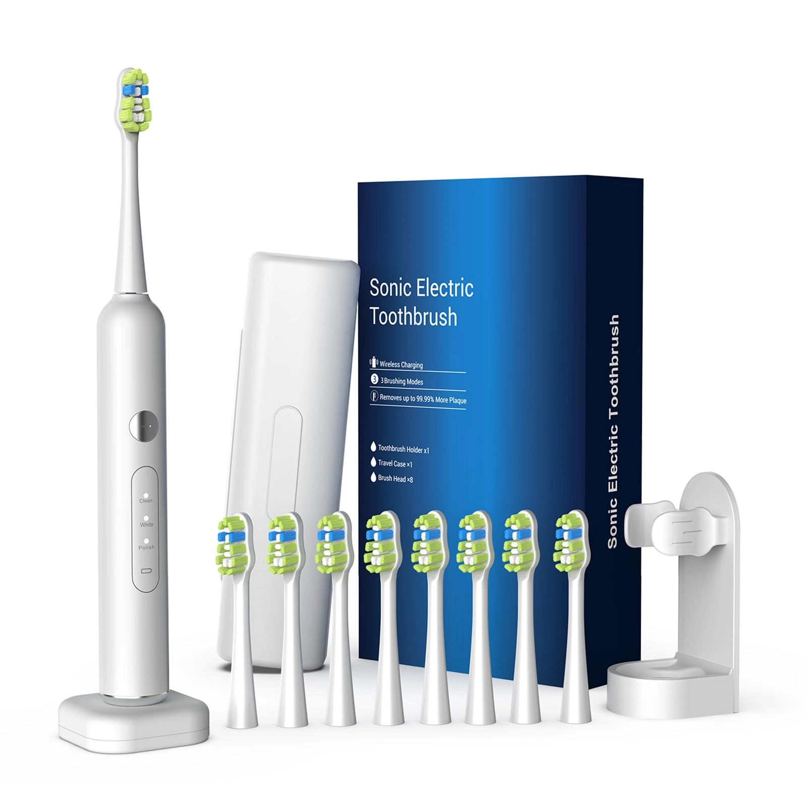 ECEOLAN WS-7008 - Sonic Electric Toothbrush 40,000 times per minute 8 Brush Heads White