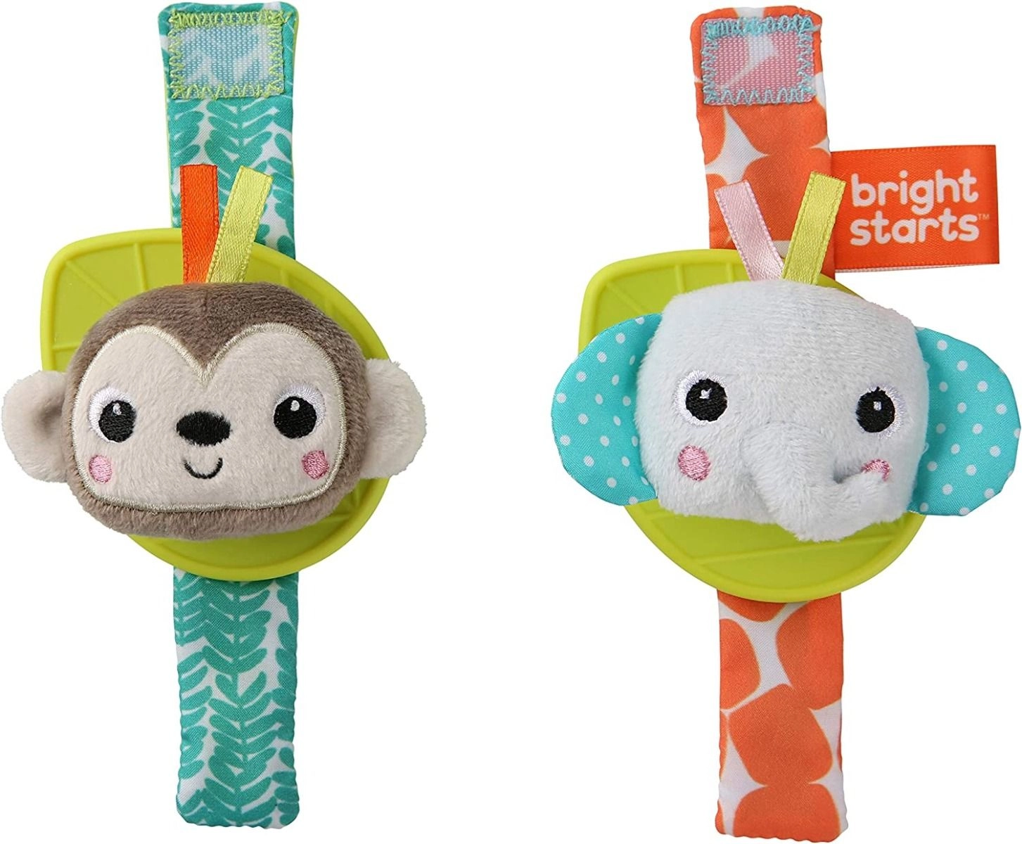 Bright Starts Rattle & Teethe Wrist Pals - Bpa-Free Silicone Leaf