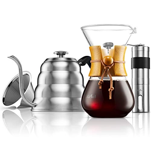 Gooseneck Kettle - Thermometer + Coffee Mill Grinder - Integrated Grinder + Paperless Glass Coffee Brewer