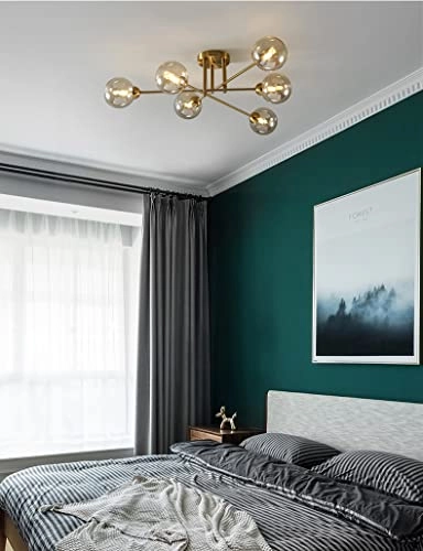 6 Light Gold Amber Glass Chandelier - Warm White