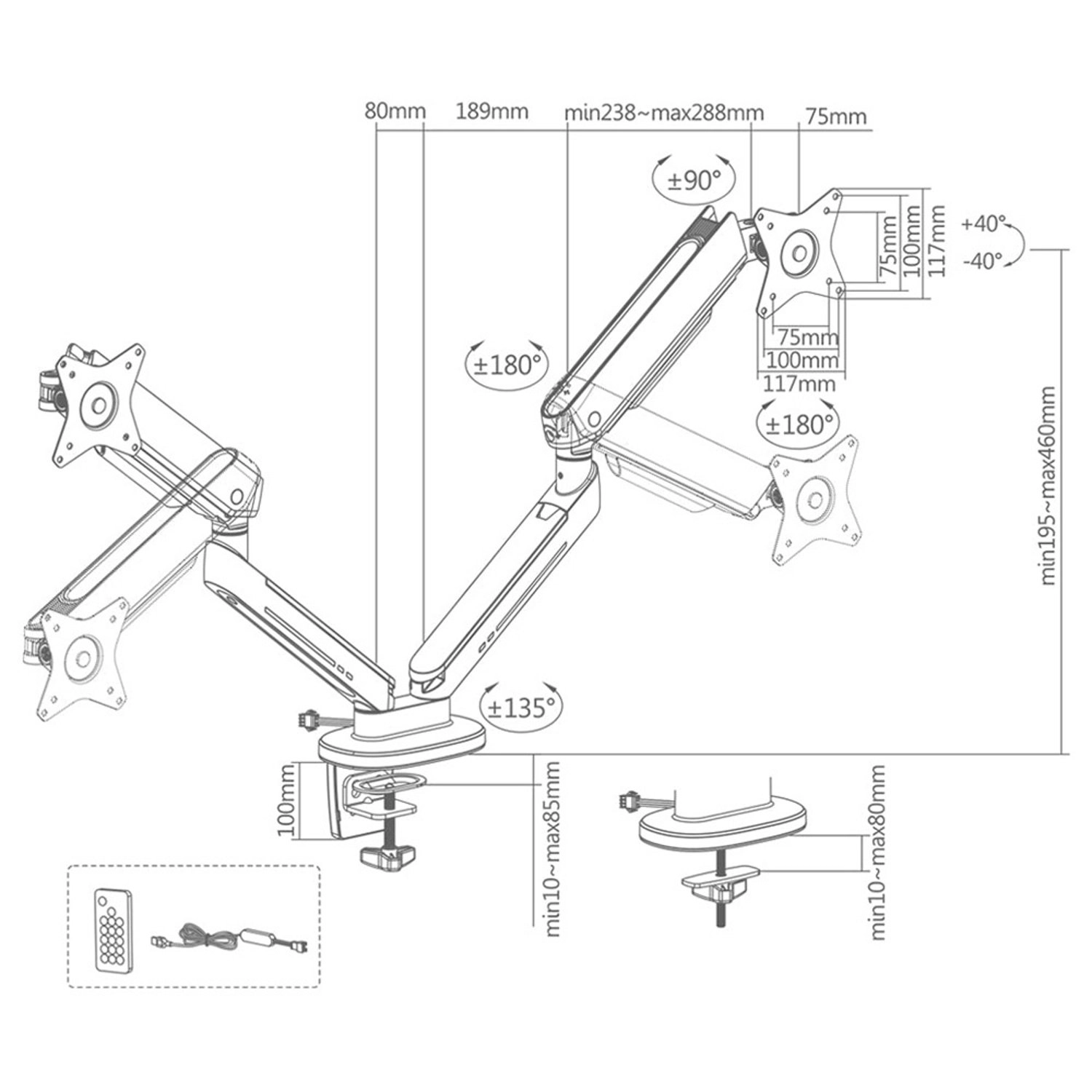Dual Gas Spring RGB Monitor Arm - Dual 81 centimeters