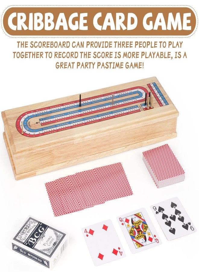 Cribbage Board - Wooden 3-Track with Storage Drawer & Metal Pegs