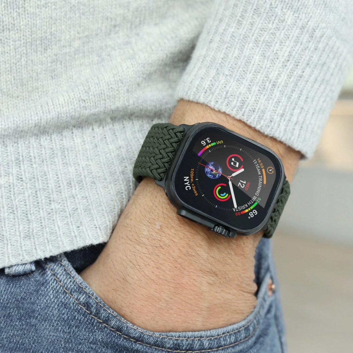 Watch Band for Apple Watch 44/45/46/49mm - Nylon Stepless adjustable clasp Olive Black One Size