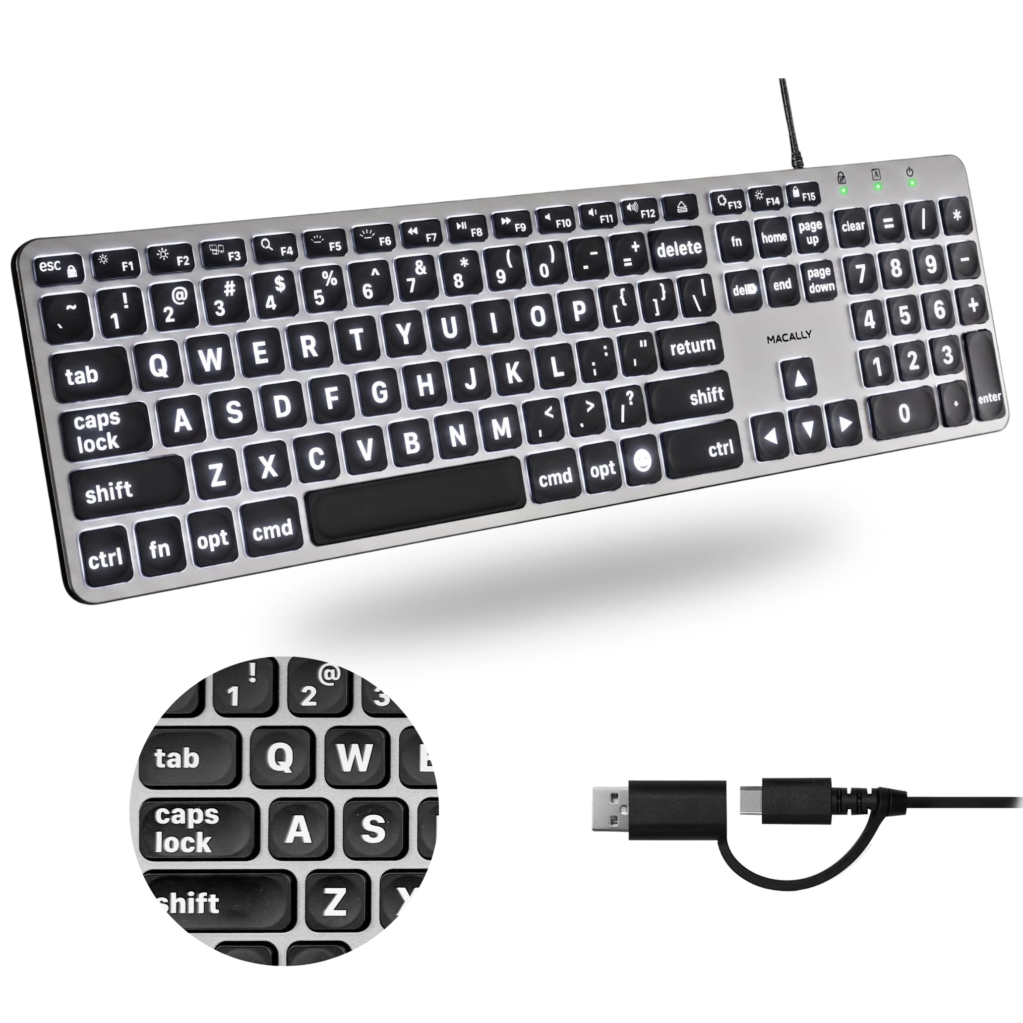 Mace Group Inc / Macally Peripherals Dual Wired Large Print Keyboard - 107-key MacOS layout Wired