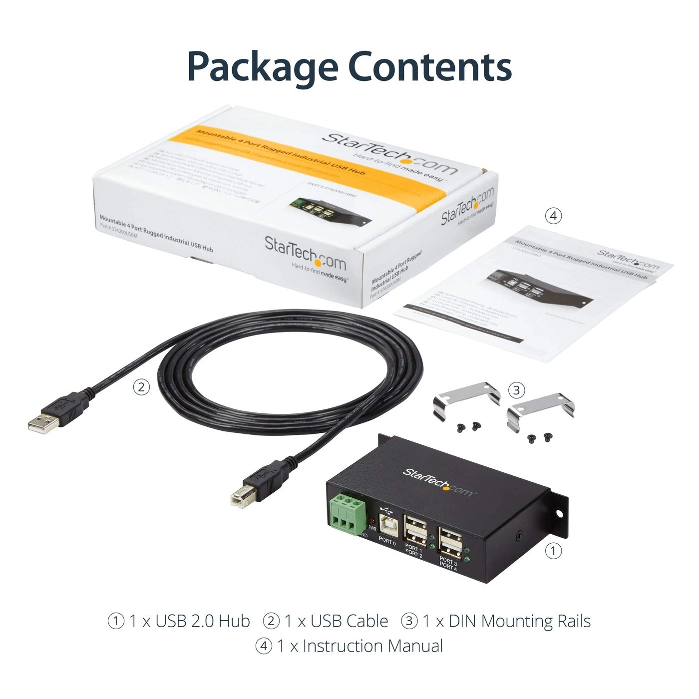 4-Port USB 2.0 Hub - Metal Industrial Din Rail Mountable