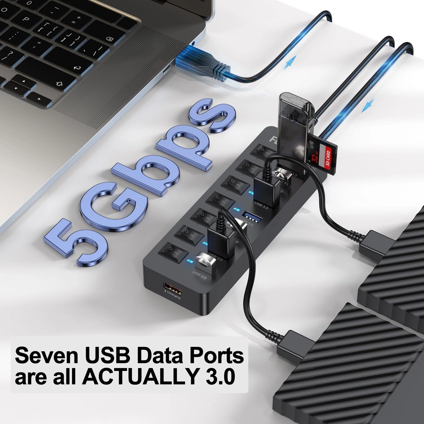 Powered USB Hub 3.0 - 5Gbps 7 Ports 12W Charging