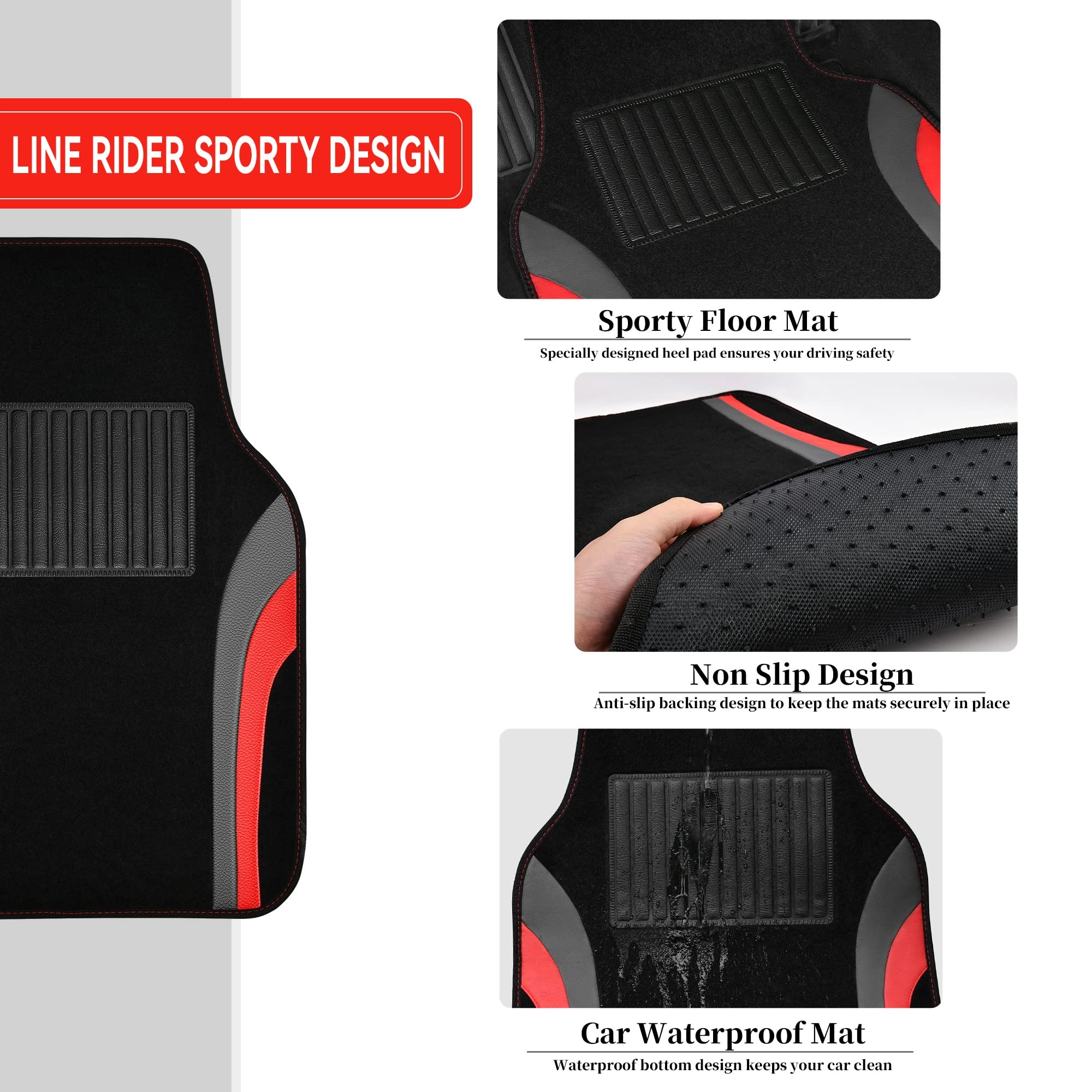 Universal Fit Car Floor Mats - Set of 4pcs Black and Burgundy