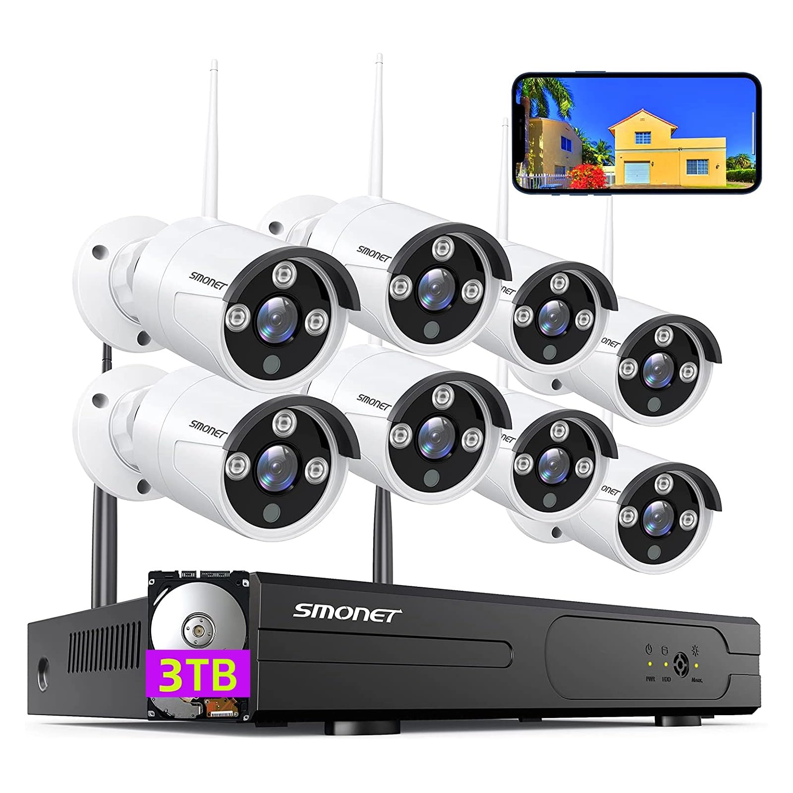 SMONET 3TB Hard Drive + 3MP Wireless Security Camera System - 8 channels
