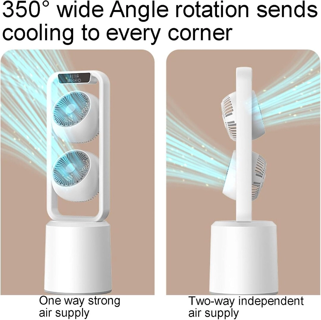 Double-Head Air Circulation Tower Fan - 350° Rotation Remote Control Timer