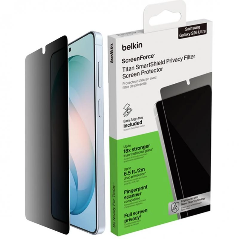 Belkin ScreenForce Tempered Glass Screen Protector for Samsung Galaxy S26 - EZ Tray Anti-Fingerprint