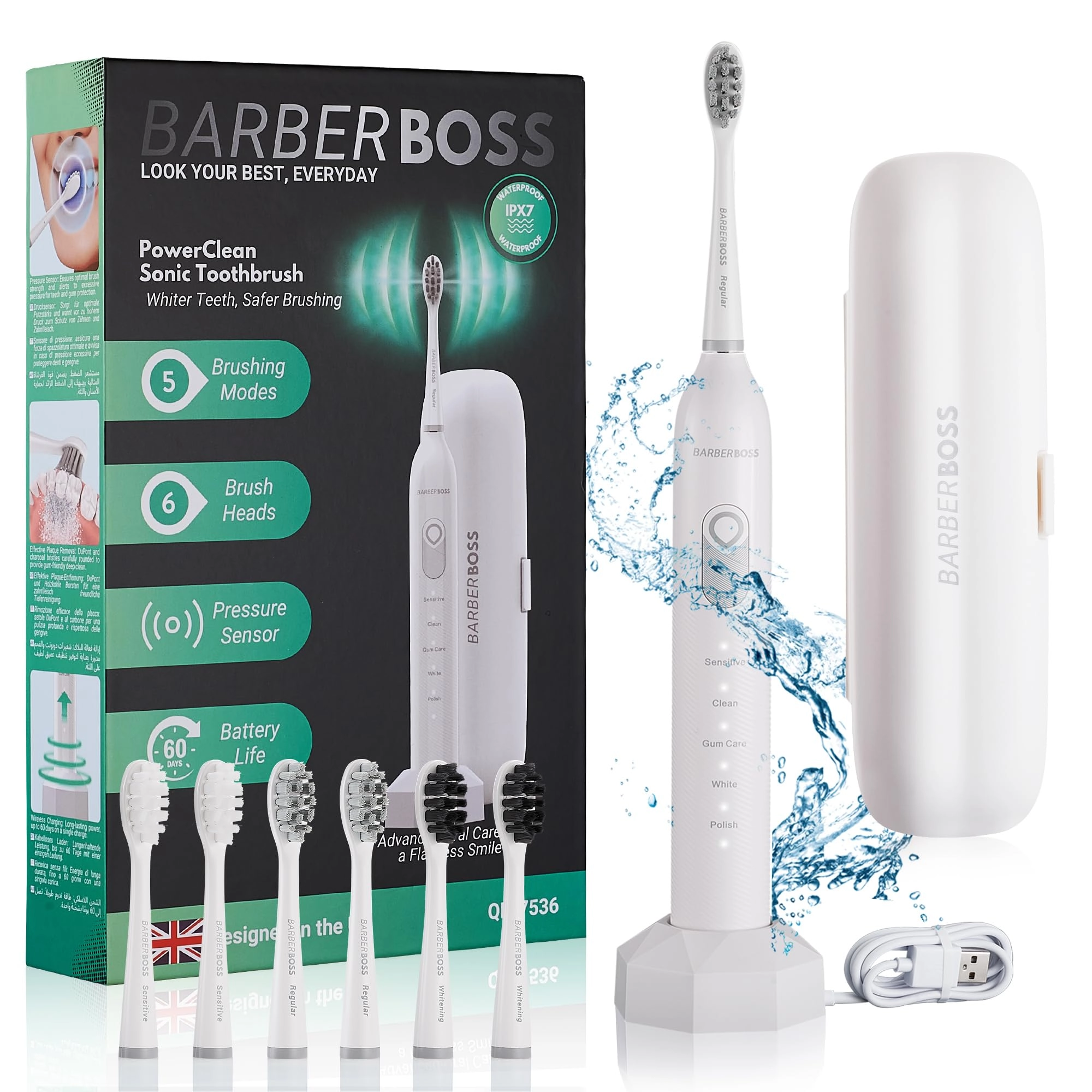 BARBERBOSS Electric Toothbrush - 5 Cleaning Modes 6 Toothbrush Heads