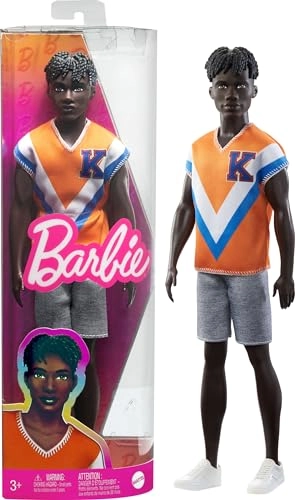 Ken Fashion Doll - Twisted Black Hair Orange Athletic Jersey Ages 3+