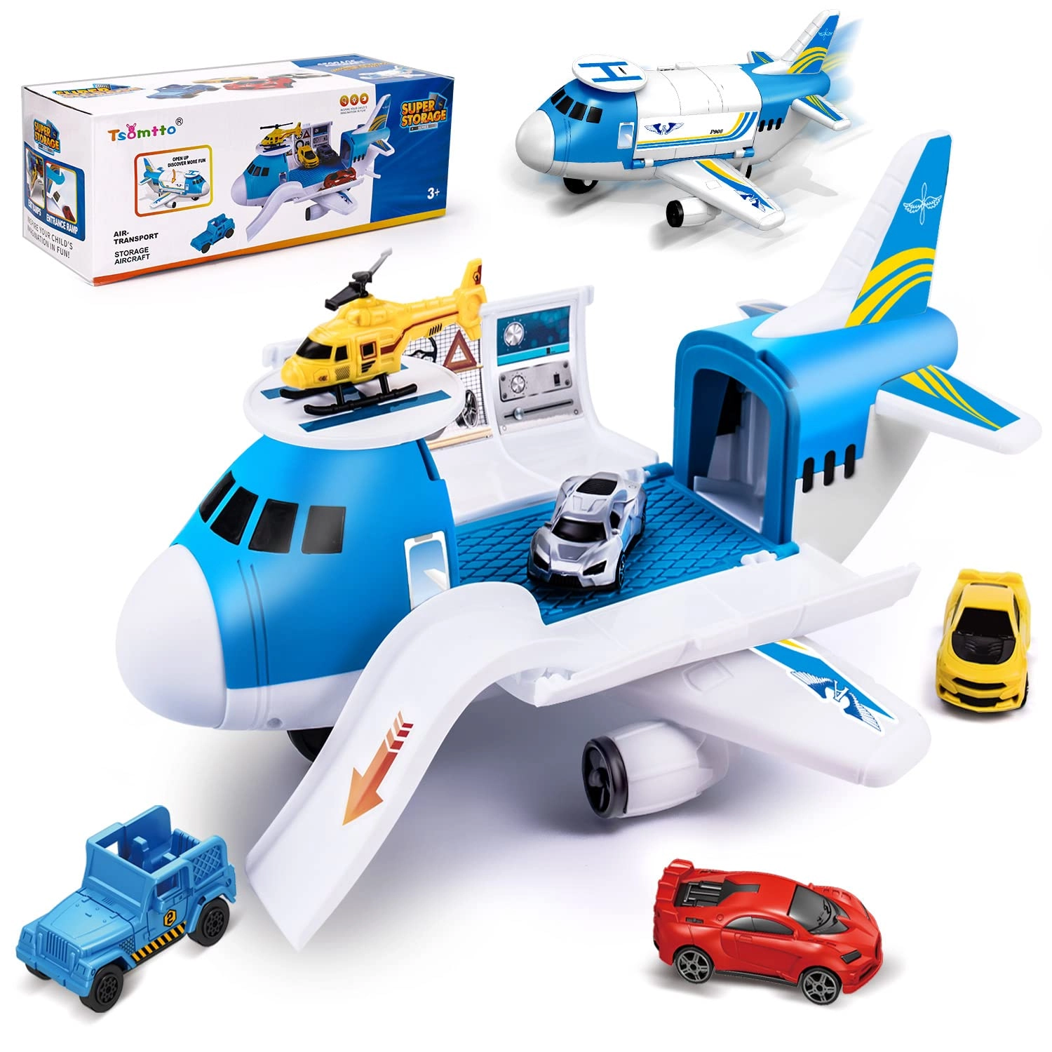 Tsomtto Airplane - 1pcs + Helicopter - 1pcs + Mini Vehicles - 5pcs + Play Mat - 1pcs