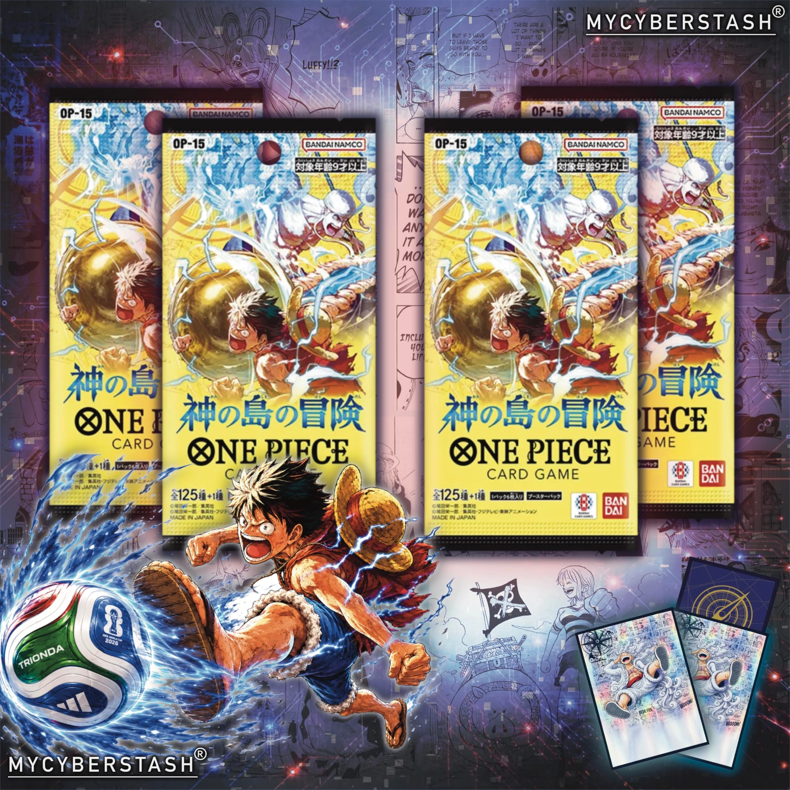 BANDAI NAMCO Entertainment OP-15 Booster Pack - 4 Pack Japanese + Holographic Sleeves + Enamel Pin + Vinyl Stickers + World Cup 2026 Album Stickers