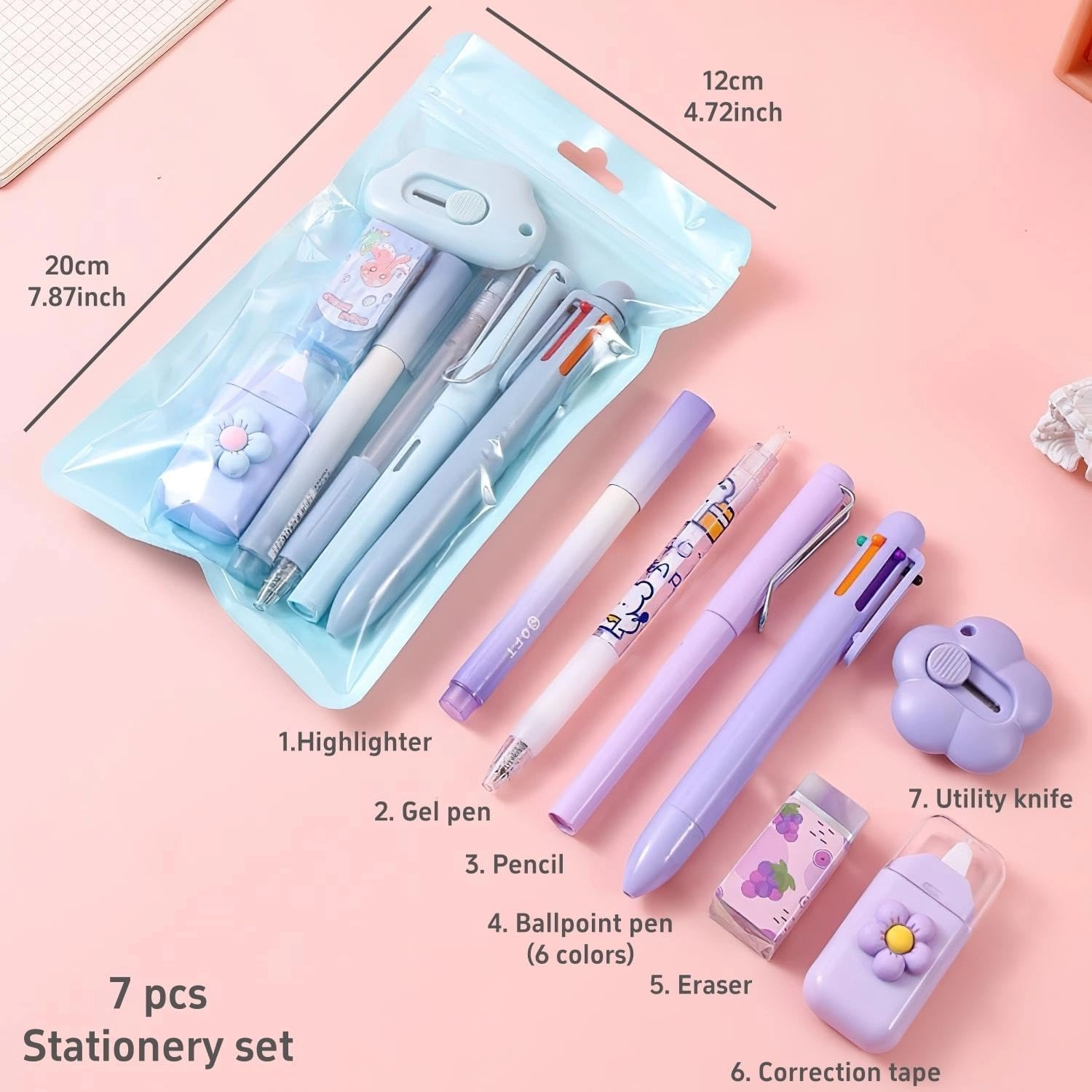 Cute Kawaii Stationery Set - 7 in 1 0.5mm