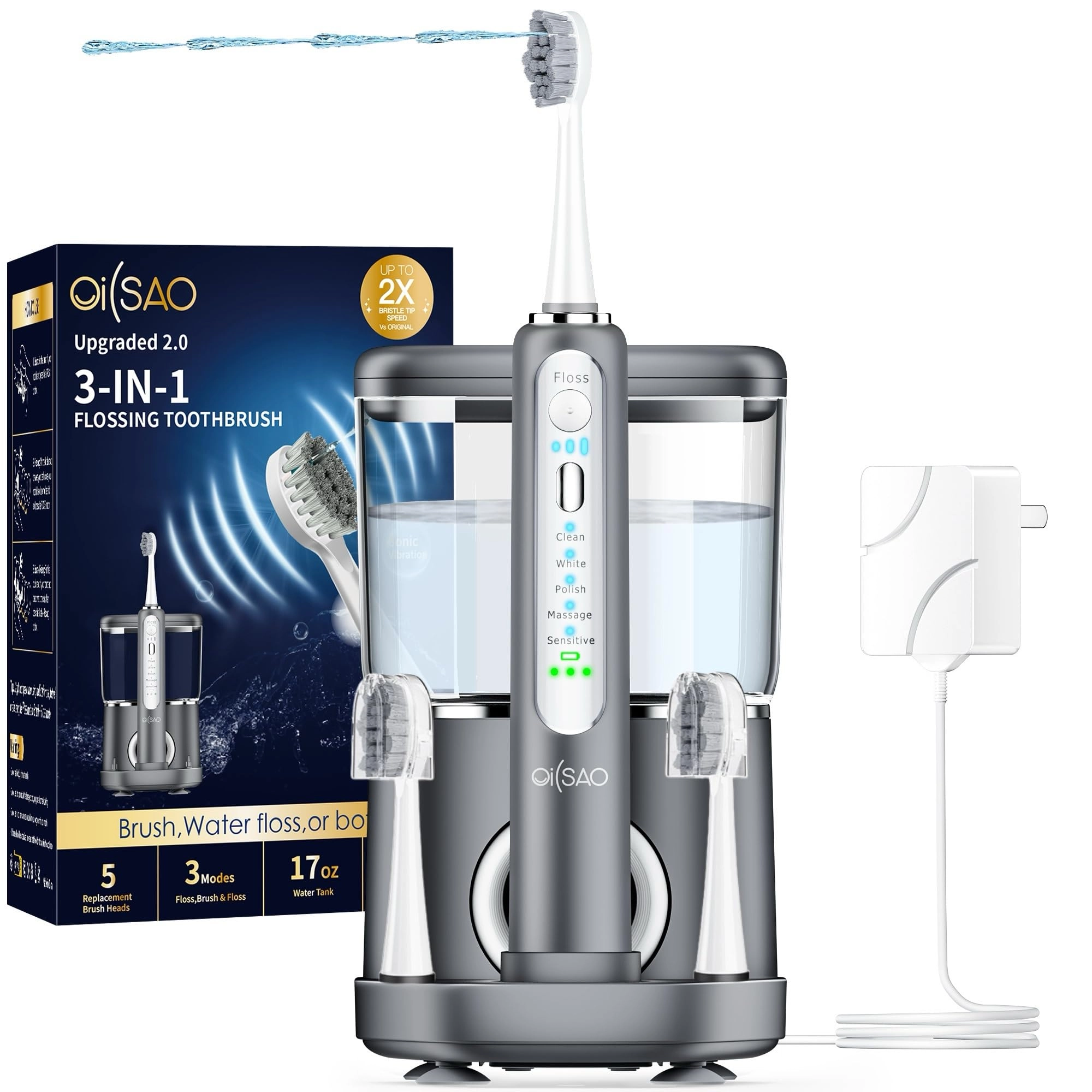 OILSAO Electric Toothbrush with Water Flosser - 5 Brush Modes 3 Flossing Speeds 500ML Rechargeable
