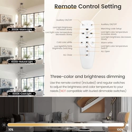 Modern LED 3-Square Chandelier - 3000K-6000K Dimmable