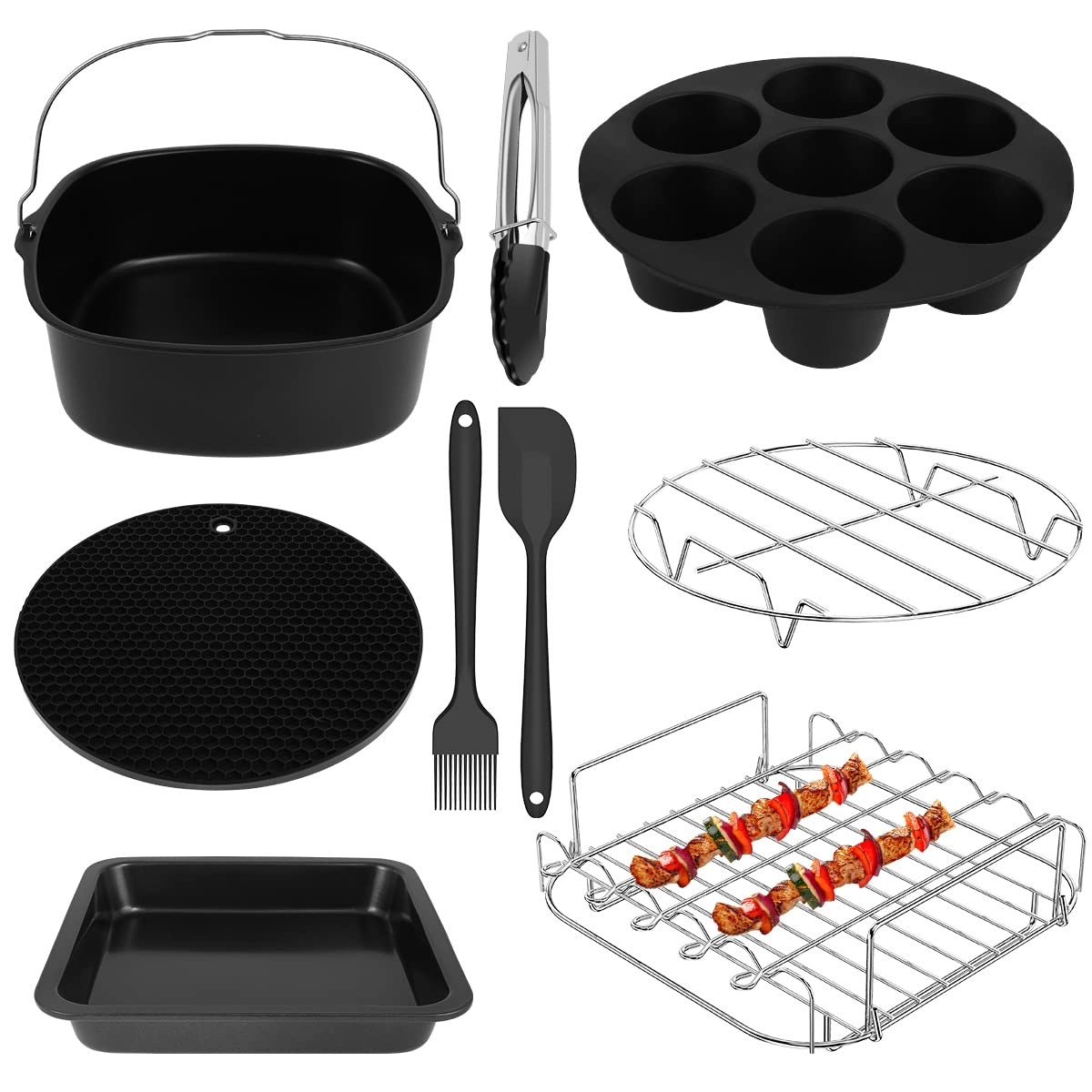 LBTYQ Air Fryer Loaf Pan + Air Fryer Pizza Pan + Steamer Rack + Skewer Rack + Egg Bite + Silicone Mat + Oil Brush + Silicone Spatula + Food Tong - Food-safe Grade Silicone, 304 Stainless Steel 9 piece(s)