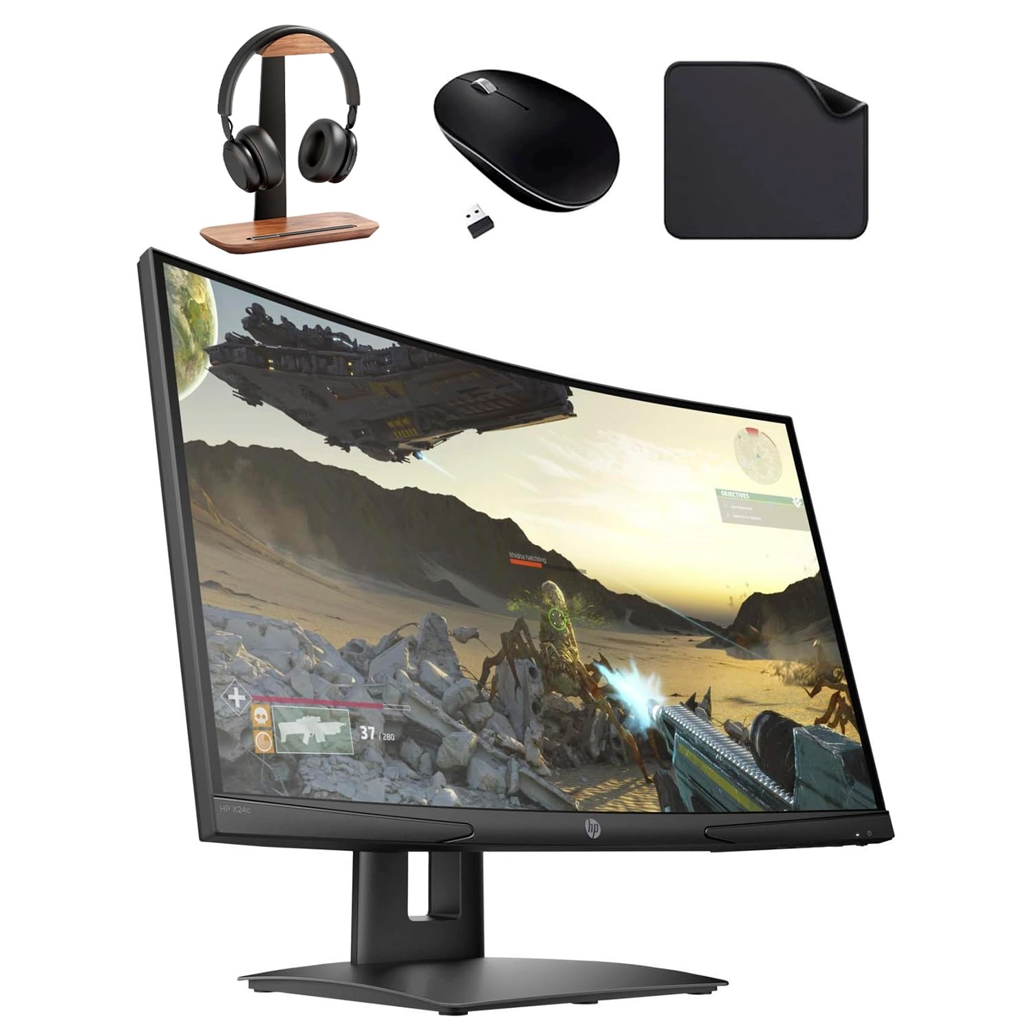 HP X24c - 23.6" 1920 x 1080 + 1st Wave Technology Headphone Stand + Wireless Mouse + Mouse Pad
